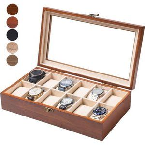 Watch Box Watch Case for Men Women with Large Glass Lid, Wooden Watch Display
